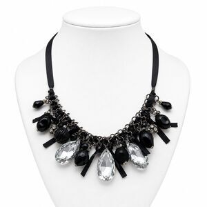 Erica Lyons Black Faceted Bead Crystal Teardrop Bib Statement Ribbon Necklace